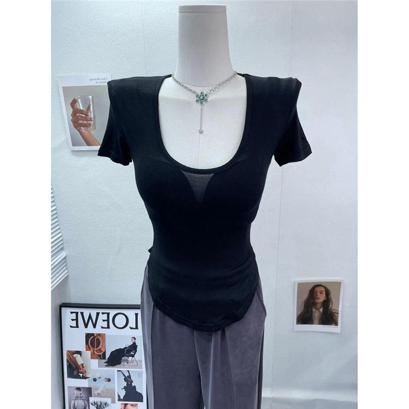 2026夏季新薄款微透U领显胸大短袖T恤女紧身收腰体恤打底衫上衣