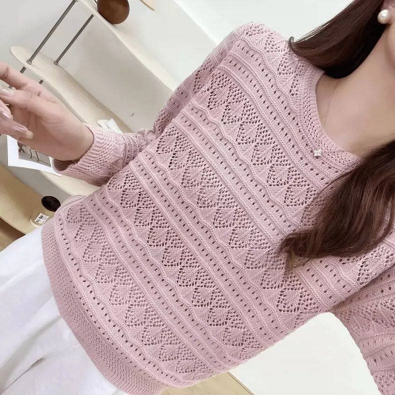 2026早春韩系针织衫女长袖纯色休闲百搭氛围感宽松镂空薄款上衣潮