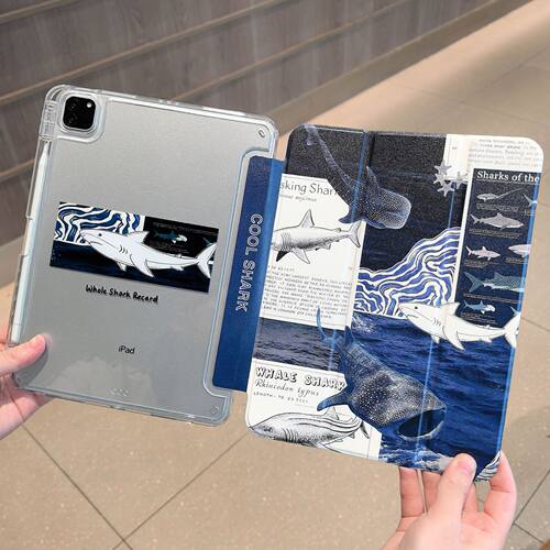 Ocean Comic Shark Tablet Case Pencil Slot 适用 iPad 11 8.3 Inch Mini 6 Air 8 Fold Protective Cover