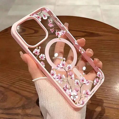 Magnetic Phone Case 适用 iPhone 18 17 Pro Max 16 15 14 13 Clear Sakura Pink Frame Shockproof Cover