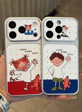 Cartoon Couple Red Hair Girl Green Pants Boy Leather Sticker Phone Case 适用 iPhone 17 Pro 16 15 14
