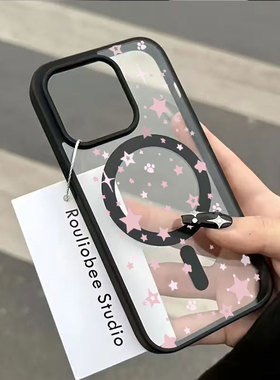 Pink star cat paw print magnetic clear case适用iphone 11 12 13 14 15 16 plus 17 pro max