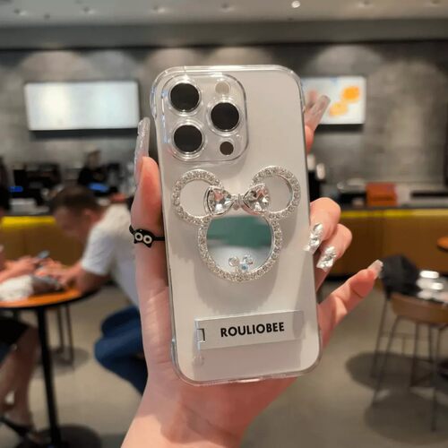 Clear Rhinestone Mirror Phone Case 适用 iPhone 18 Pro 17 Metal Kickstand Half wrapped PC Hard Cover