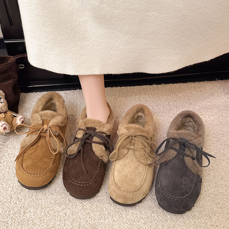 勃肯鞋女纯色2025新款冬季平底百搭加绒舒适毛毛棉鞋外穿保暖时尚