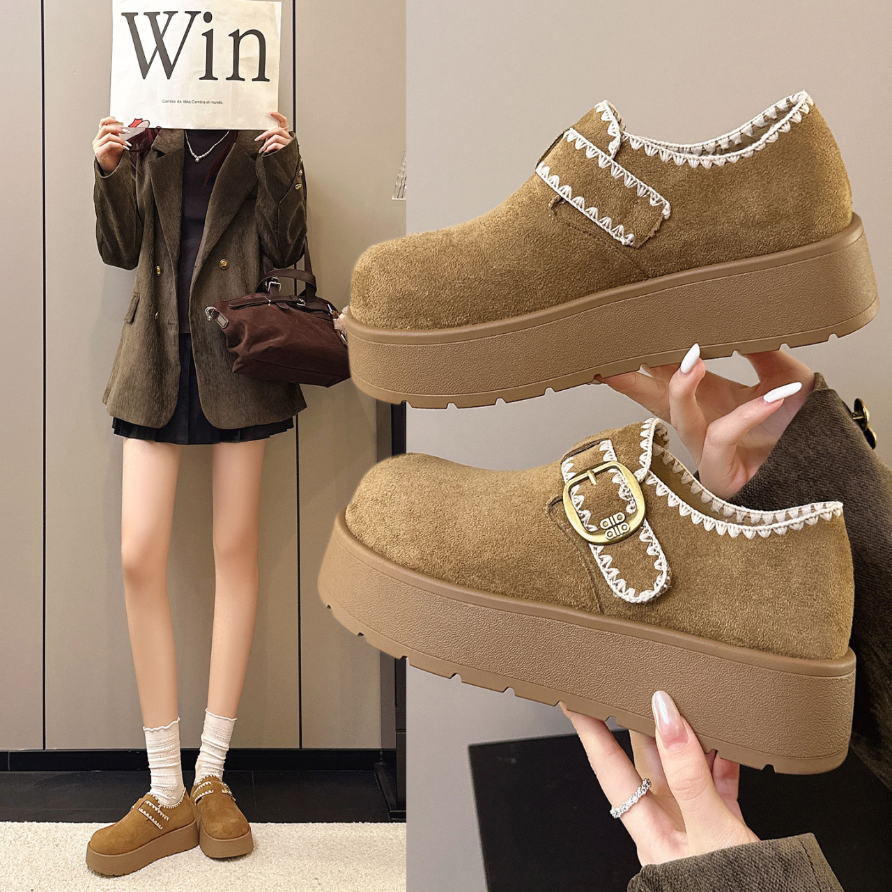 复古全包勃肯鞋女外穿2026春季新款小个子厚底增高一脚蹬乐福单鞋,女鞋,勃肯鞋/软木鞋,淘宝优惠券,粉丝福利购,淘宝优惠卷