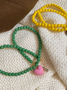 韩国东大门吊坠锁骨链爱心串珠珍珠项链粉色心形绿色珠珠女helder