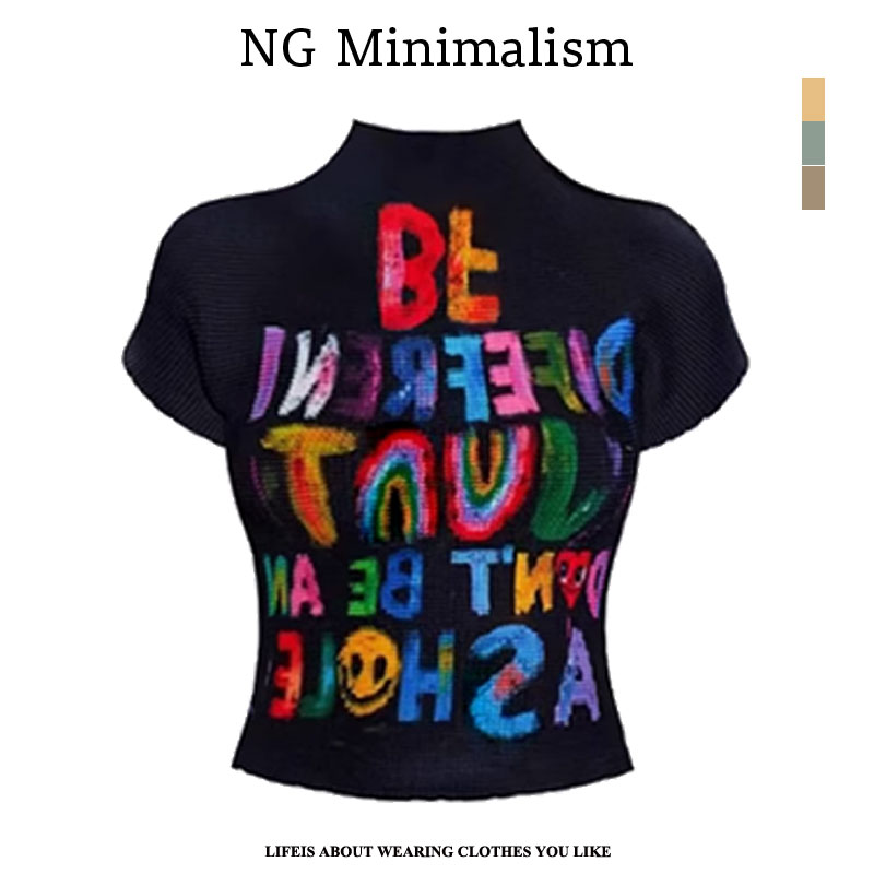 NG Mini 金靖明星同款艺术家涂鸦黑色字母辣妹美式褶皱T