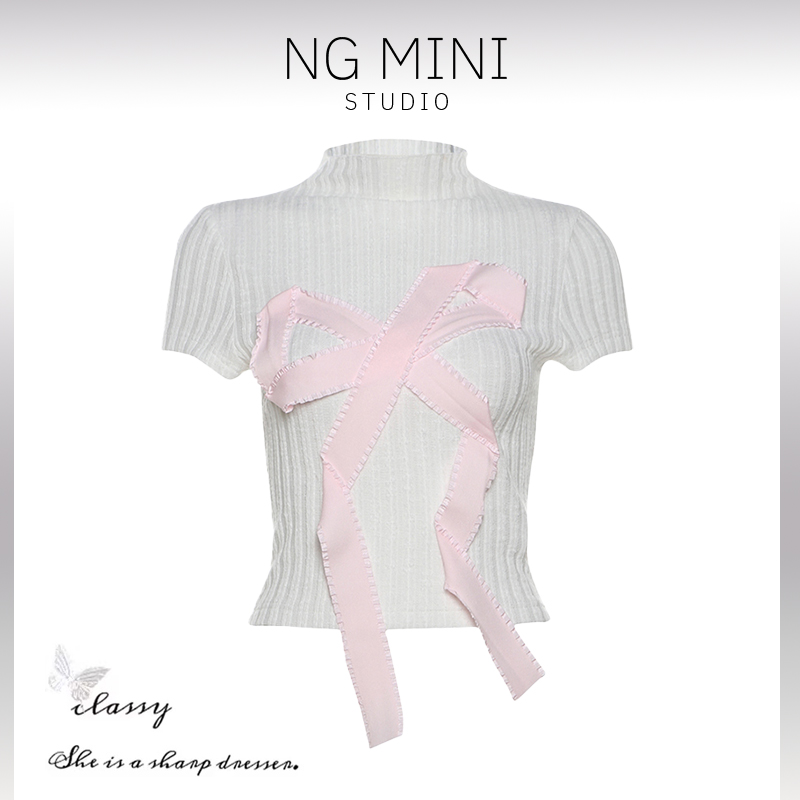 NG Minimalism 甜辣少女撞色蝴蝶结半高领短袖T恤女修