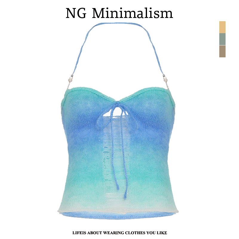 NG Mini 假日风挂脖针织吊带女低胸系带镂空透气背心夏