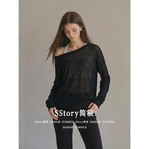 SStory简叙 露肩宽松黑色轻薄罩衫女夏季长袖斜肩t恤防晒微透上衣