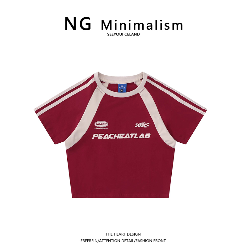 NG Minimalism美式插肩短袖T恤女夏条纹拼接辣妹正肩短款上衣