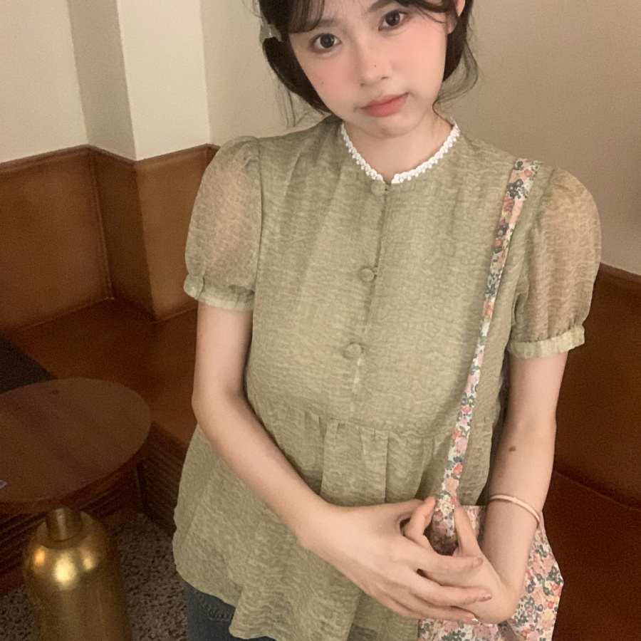 实拍新中式印花绿色清新娃娃衫雪纺短袖上衣女