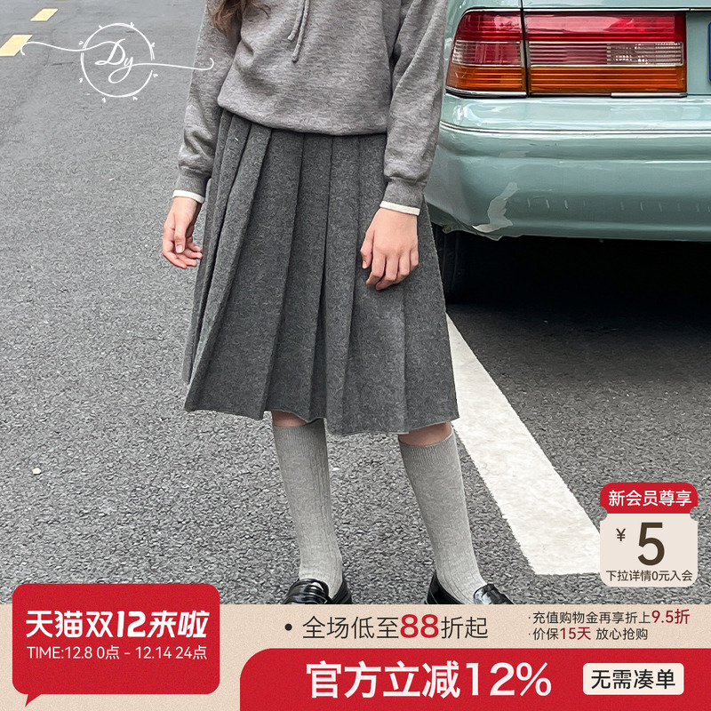 女童秋冬新款毛呢复古百褶裙