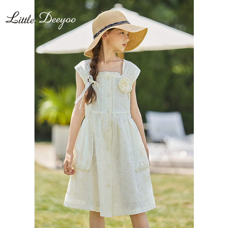 女童短袖连衣裙2025夏季新款中大童奶系简约温柔风儿童绣花公主裙