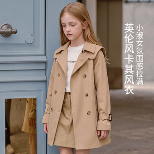 女童春秋风衣中大童英伦风翻领外套女孩小淑女风收腰中长款大衣