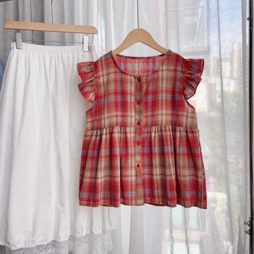 5.21安可~可爱甜美红格木耳边飞飞袖小高腰显瘦娃娃衫上衣女夏