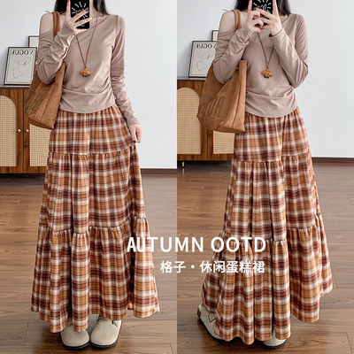 春秋新款高腰宽松显瘦复古格子a字中长款半身裙女休闲慵懒蛋糕裙