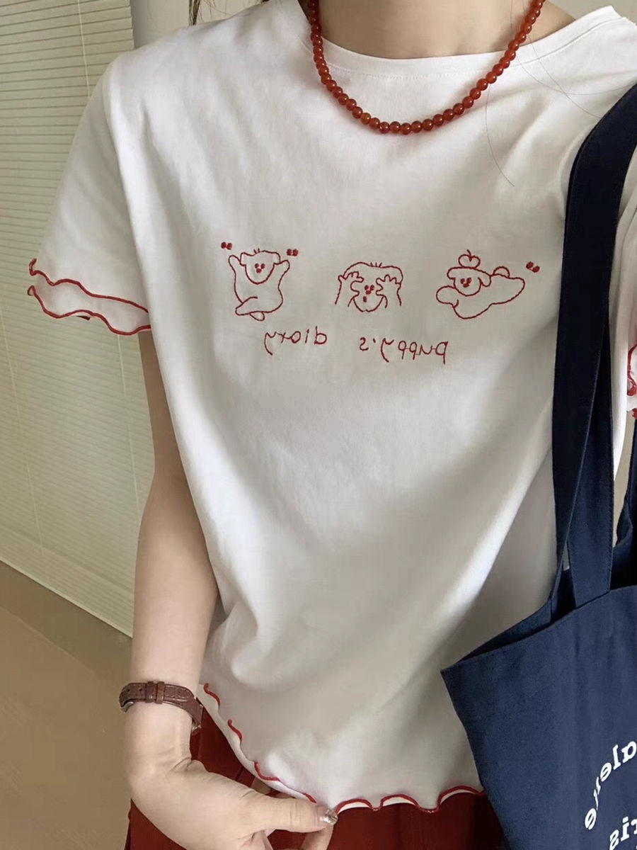 安可～可爱少女风撞色木耳边刺绣纯棉夏季新款正肩短袖T恤上衣女