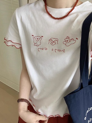 安可～可爱少女风撞色木耳边刺绣纯棉夏季新款正肩短袖T恤上衣女