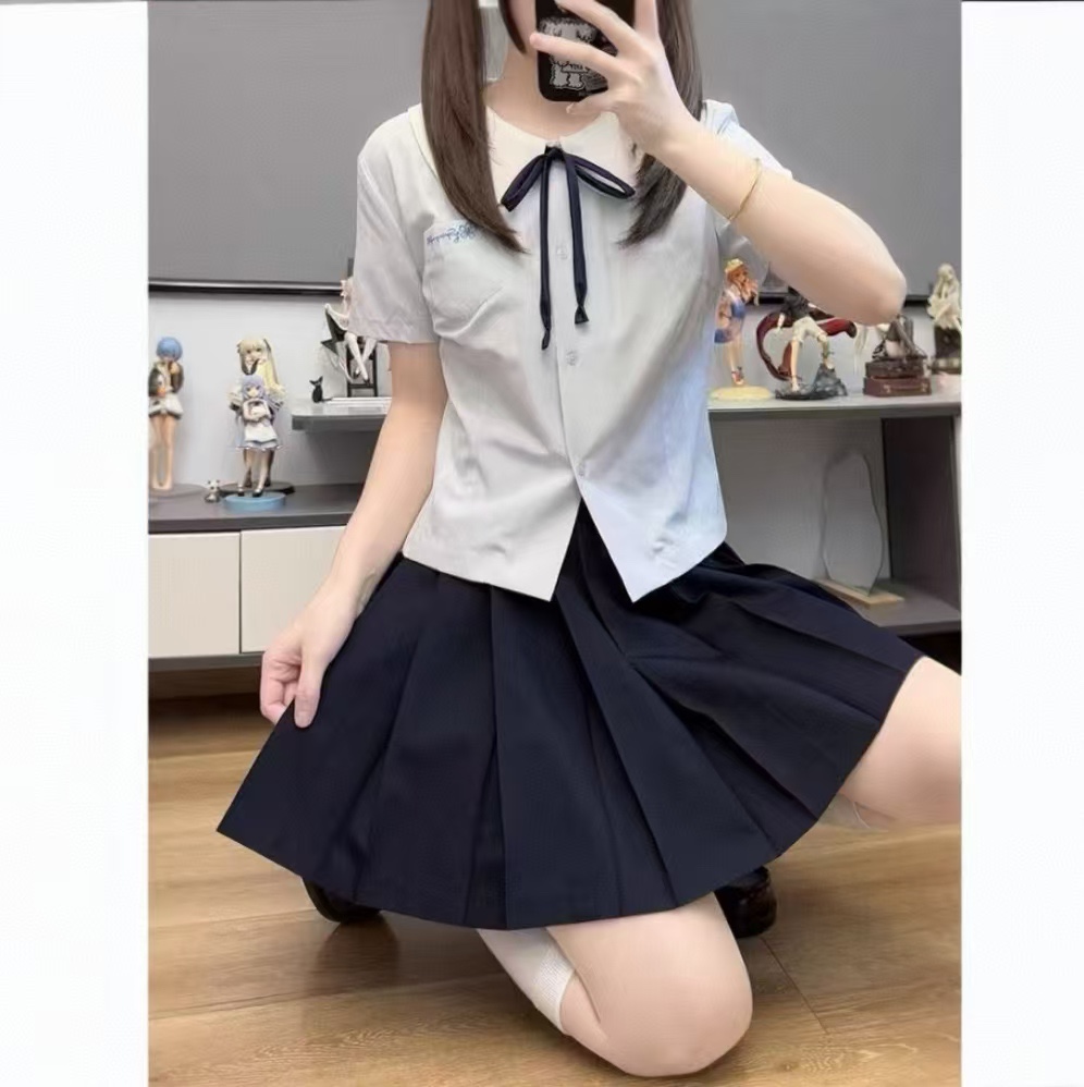 安可～学院风JK制服娃娃领撞色蓝色细格纹刺绣短袖衬衫衬衣女