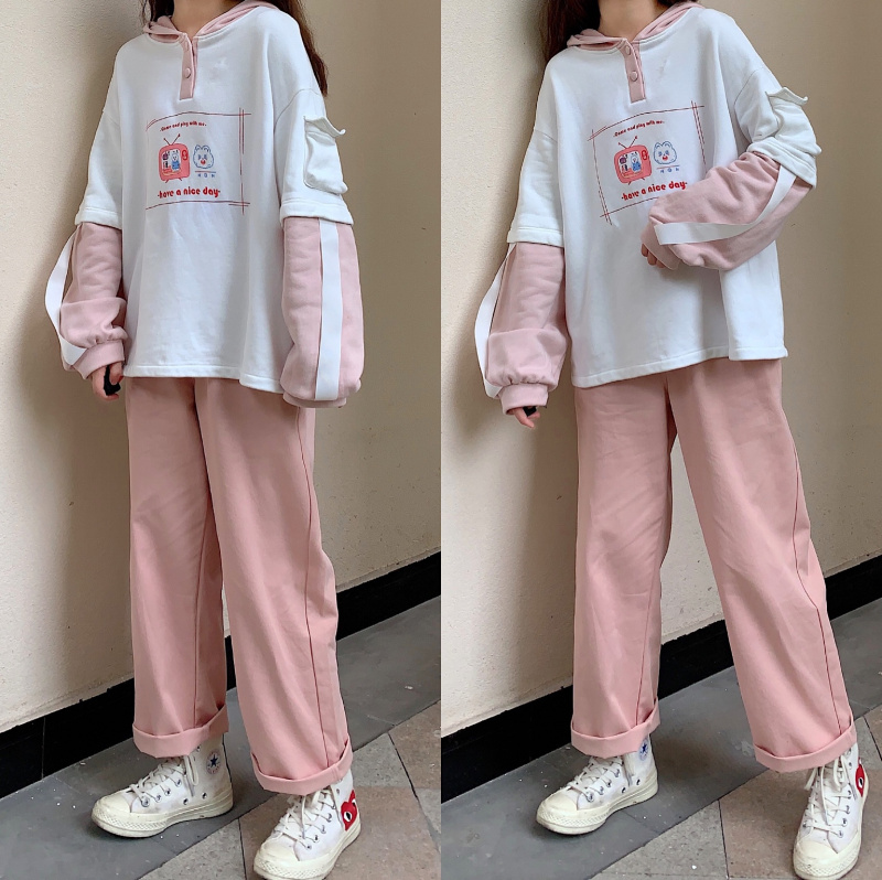安可自制 轻音 2020春季新款软妹宽松松紧腰斜纹显瘦休闲长裤女装