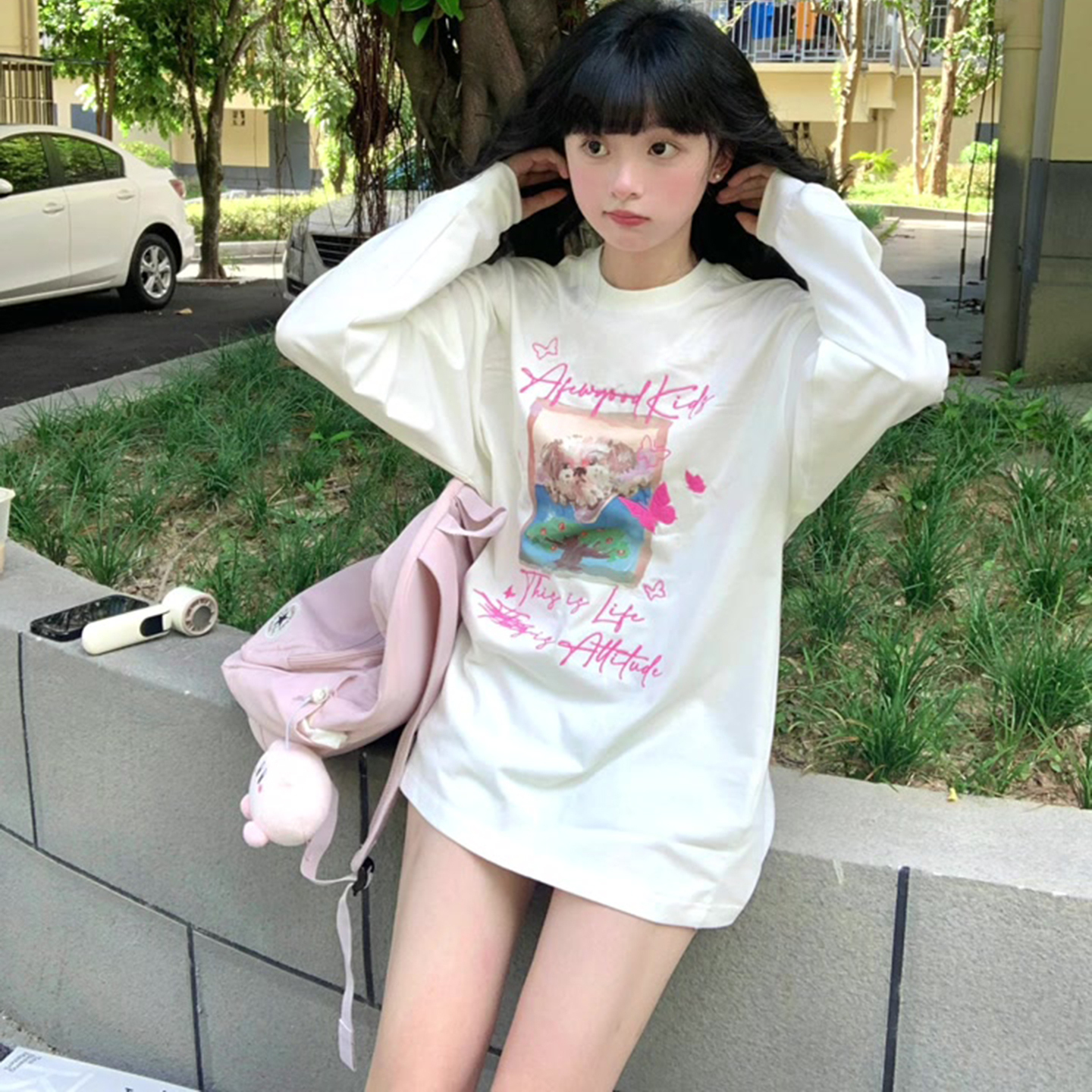 秋冬新款女装纯棉可爱卡通涂鸦小狗印花宽松圆领长袖T恤上衣女