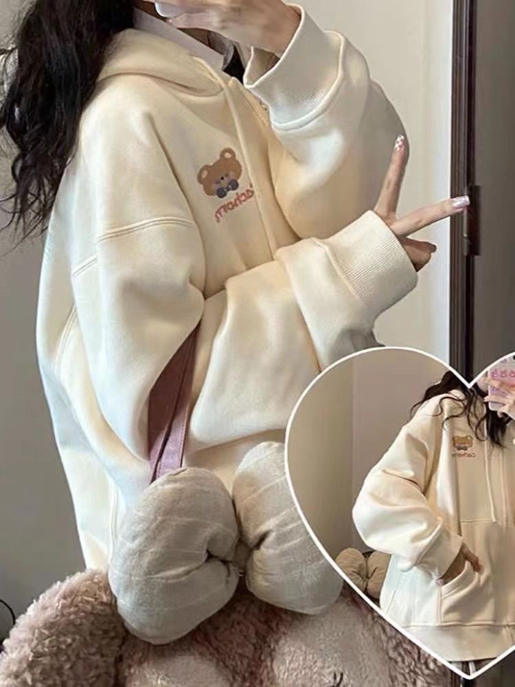 秋冬新款女装可爱小熊加绒加厚宽松休闲连帽卫衣开衫开套