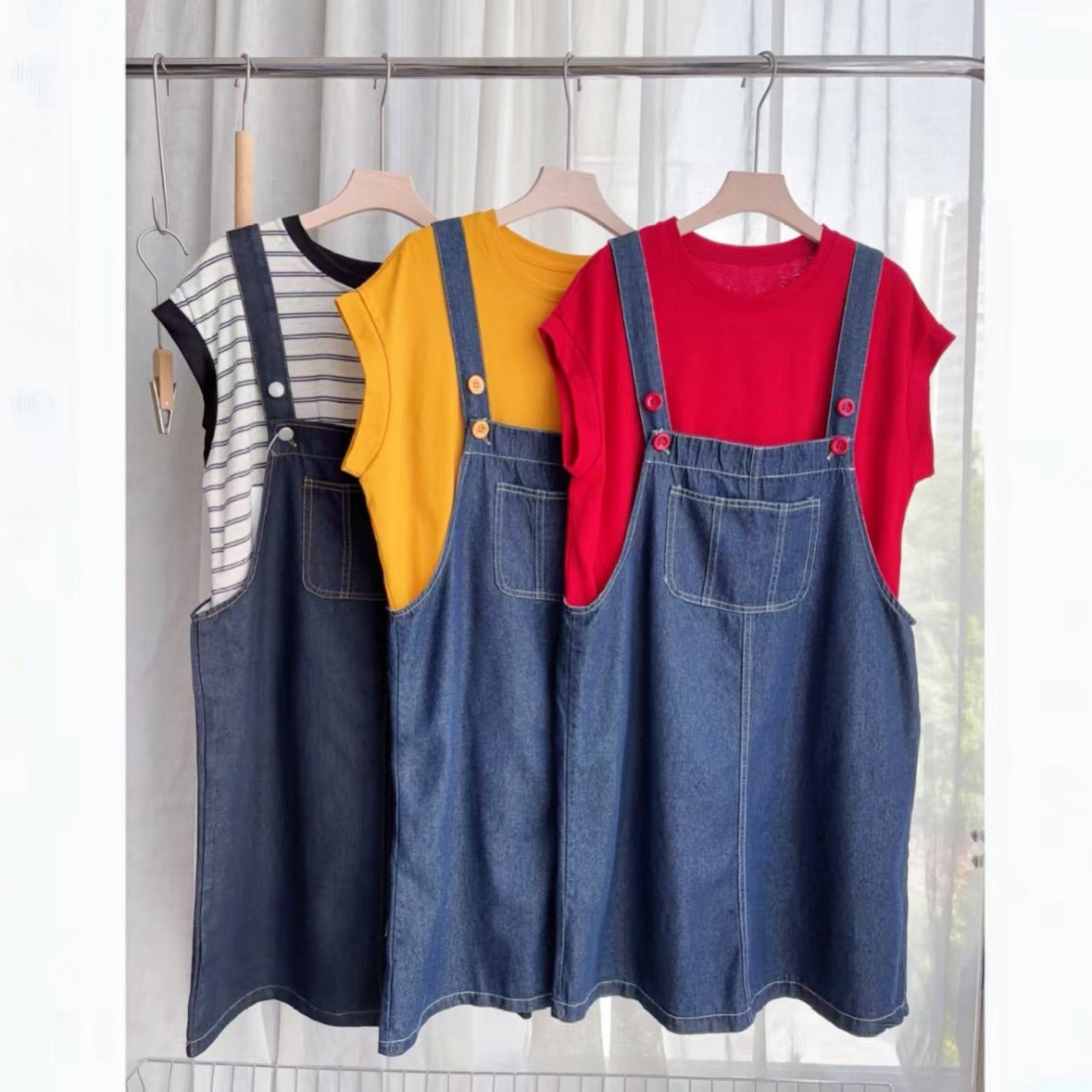 安可~夏日新款宽松可爱休闲风T恤牛仔背带裙两件套