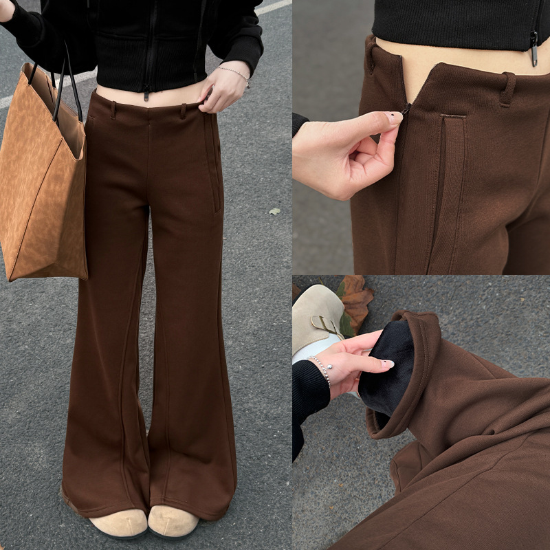 美式微喇运动裤女秋冬美拉德加绒阔腿喇叭卫裤垂感休闲拖地长裤子