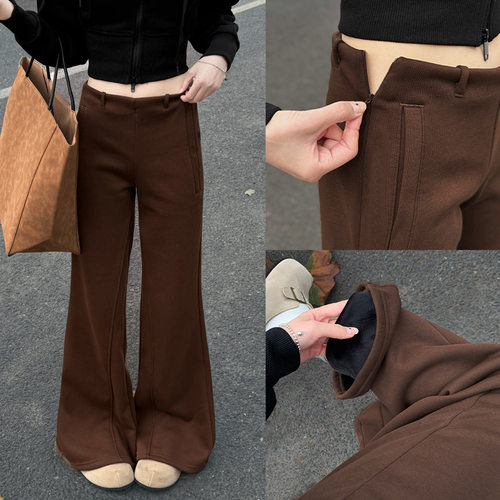 美式微喇运动裤女秋冬美拉德加绒阔腿喇叭卫裤垂感休闲拖地长裤子