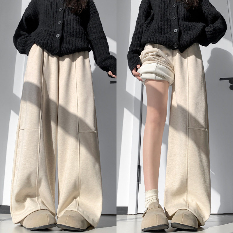 秋冬新款高腰加绒加厚羚羊绒阔腿裤女休闲拖地长裤窄版运动弯刀裤