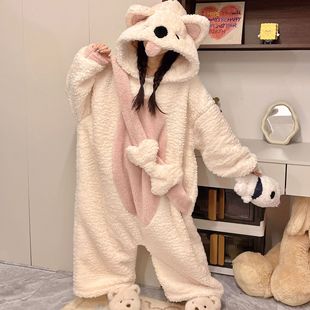 冬季加绒加厚法兰绒卡通北极熊珊瑚绒连体睡衣女家居服可外穿