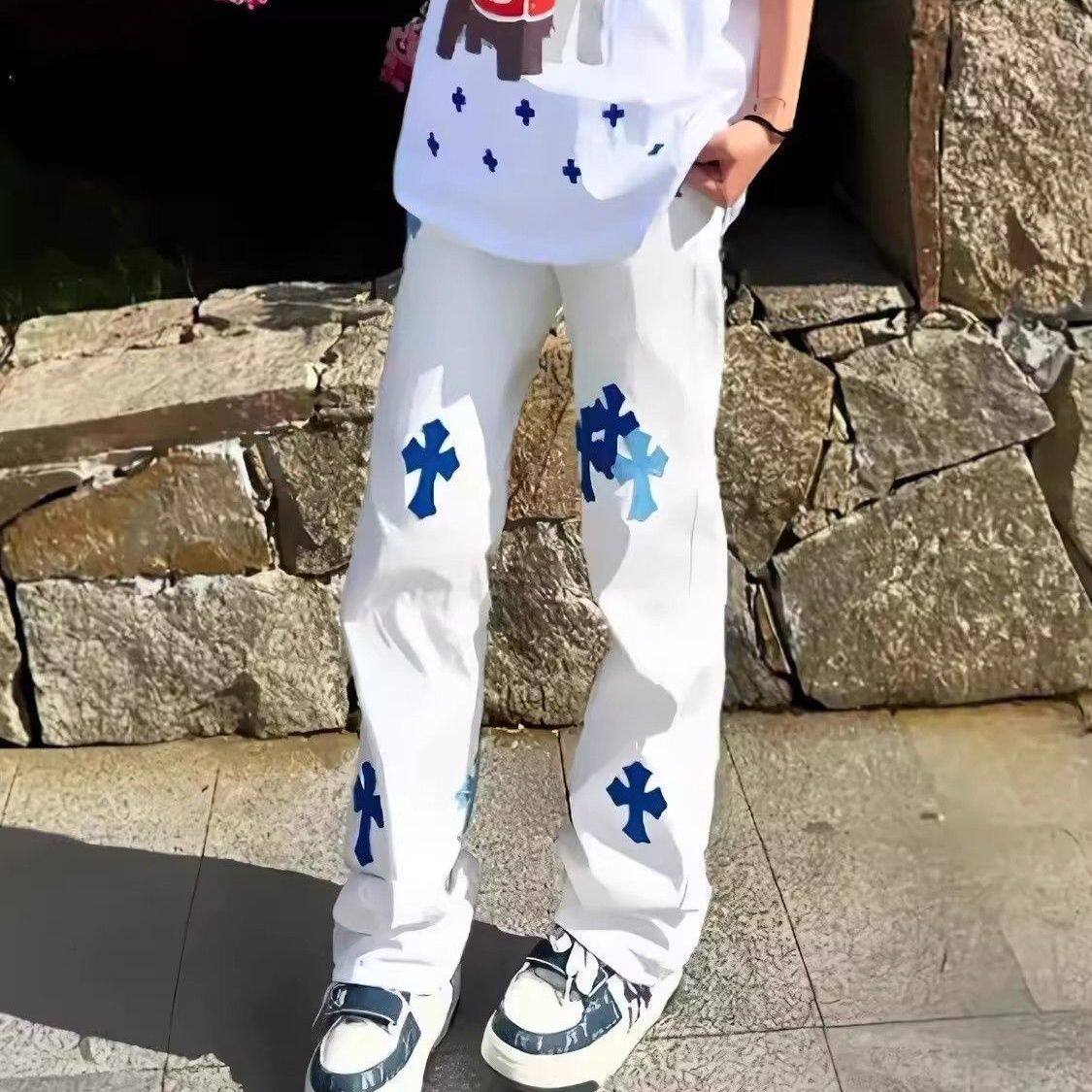 轻奢潮流十字架高街印花牛仔裤男牛仔裤