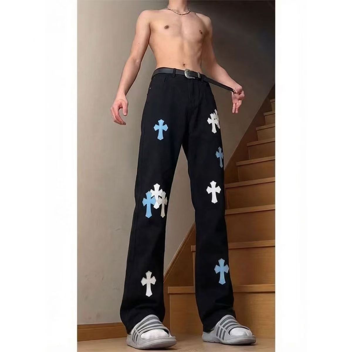 轻奢潮流十字架高街印花牛仔裤男牛仔裤
