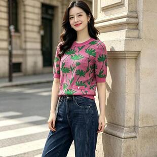 2026秋装新款印花针织衫女圆领中袖薄款宽松显瘦中年女士套头上衣