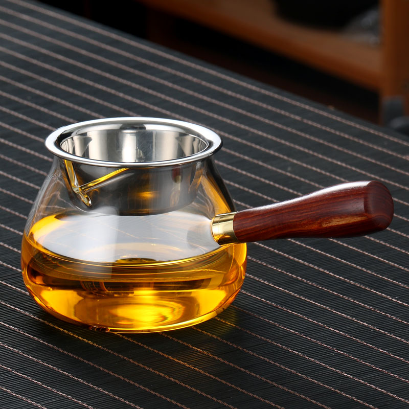 耐热玻璃木把高档过滤茶漏一体