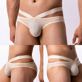 双腰带男士三角裤冰丝内裤微透明U凸设计夜店性感舒适透气短裤衩