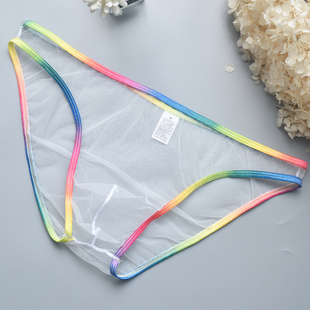 衩夏 透视网纱性感镂空透气激情青年短裤 彩虹边男士 全透明三角内裤