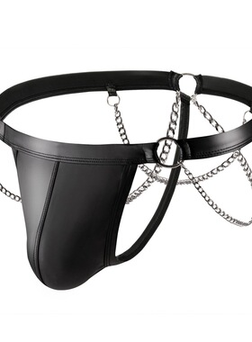 链条装饰男士T型内裤仿皮后空丁字裤性感漆皮大囊袋舞台表演裤衩