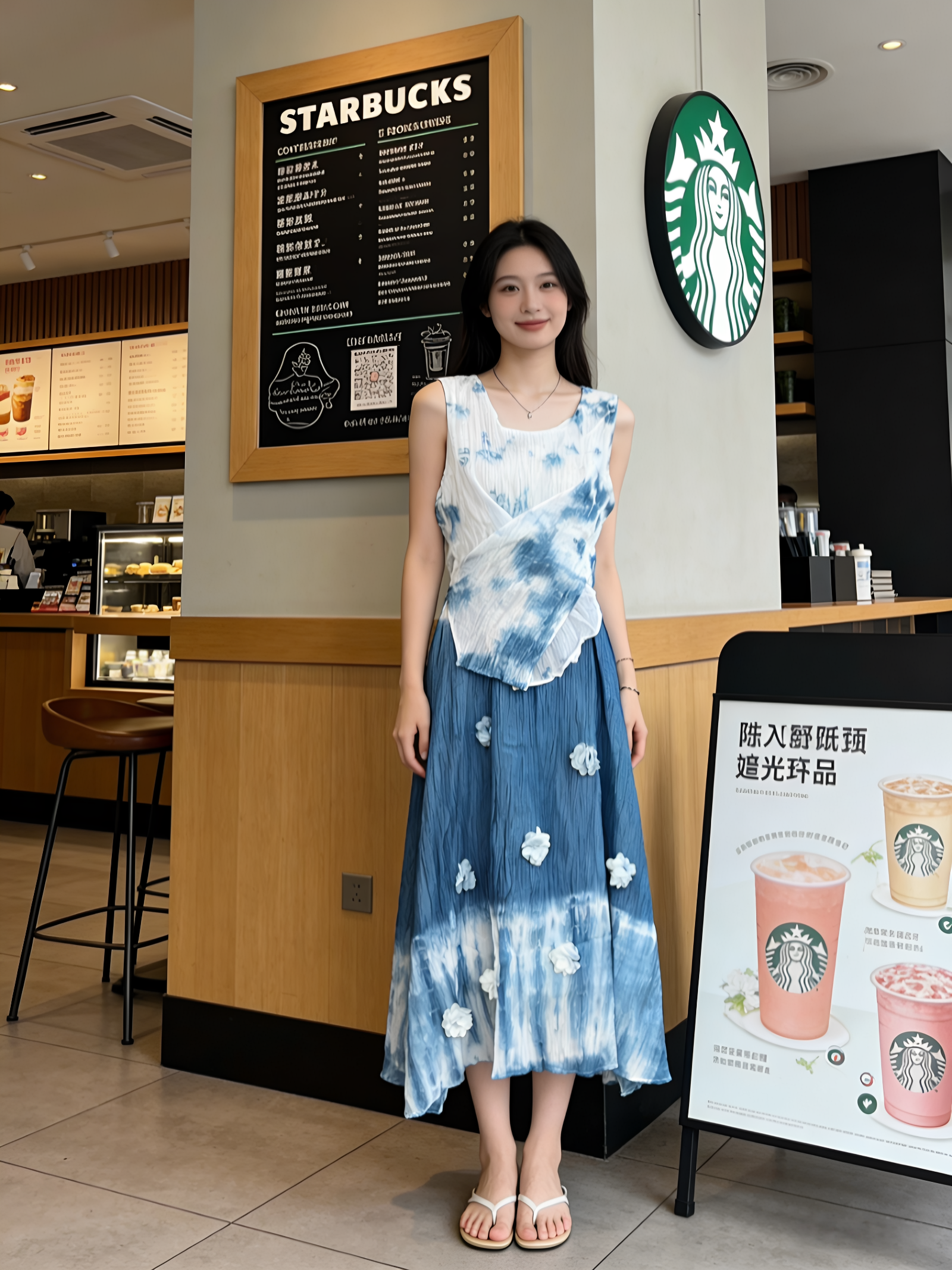 原创设计扎染裙子假两件连衣裙长款女夏季新款收腰显瘦裙气质长裙