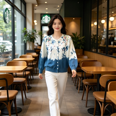 云南扎染女士针织圆领开衫秋冬新款百搭刺绣毛衣外套长袖气质上衣