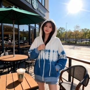 扎染纯棉拉链连帽卫衣女秋冬新款宽松蓝白休闲开衫渐变连帽外套女