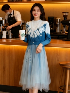 扎染马甲针织连衣裙两件套女秋冬小个子中长款套头毛衣裙套装纱裙