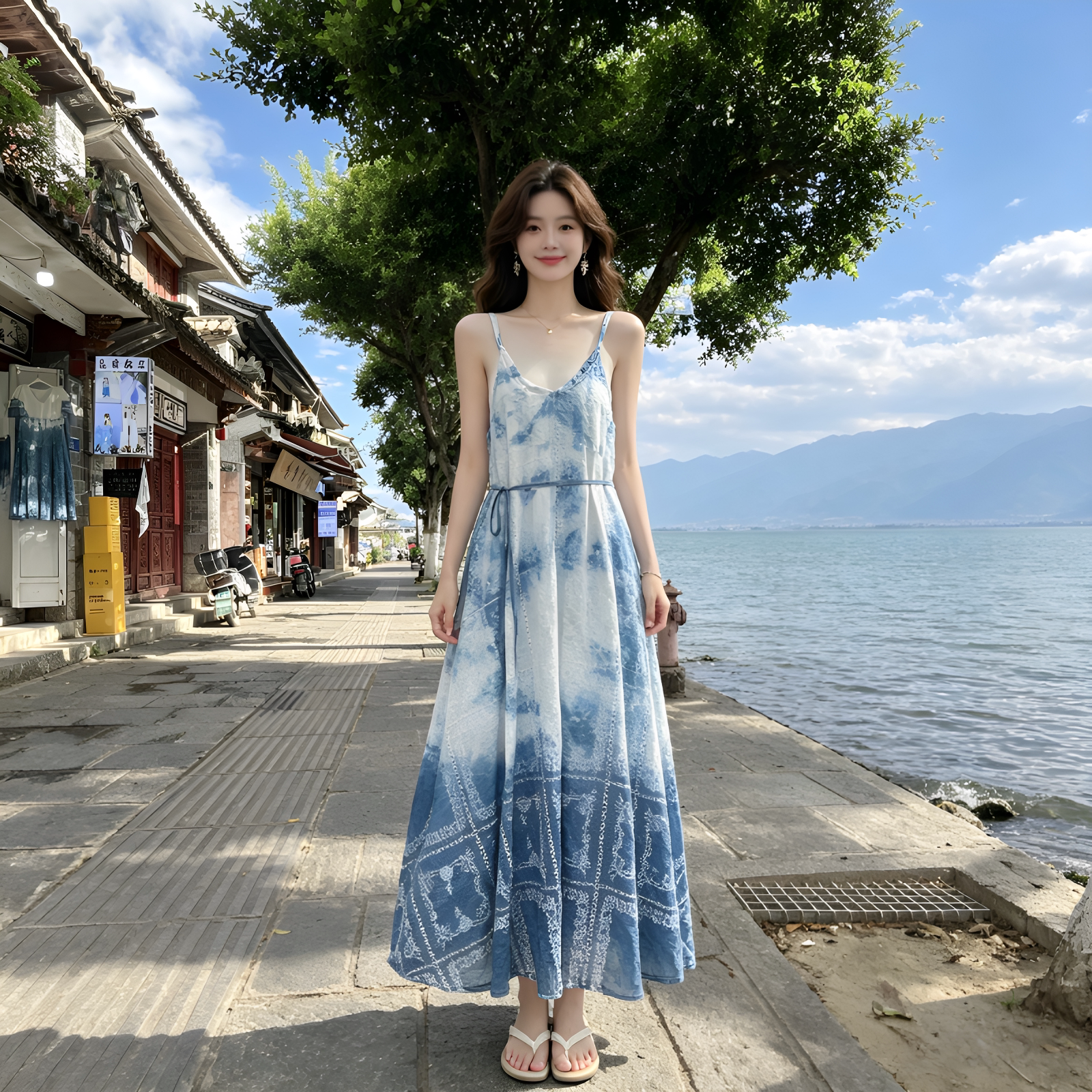 手工扎染裙子v领吊带连衣裙长款夏季棉麻收腰显瘦吊带裙气质长裙图片