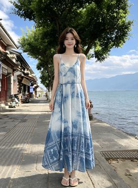 手工扎染裙子v领吊带连衣裙长款夏季棉麻收腰显瘦吊带裙气质长裙