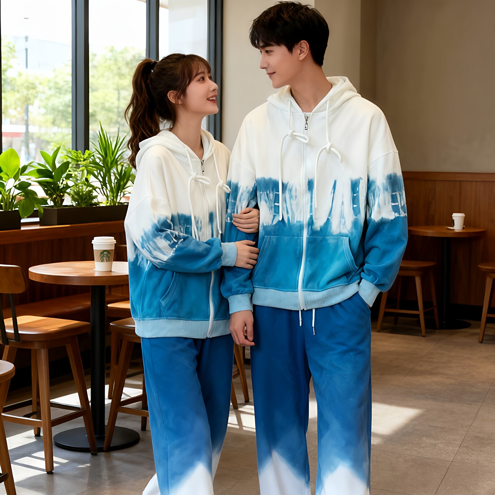 扎染情侣装卫衣套装春秋季新款连帽外套休闲运动服上衣长裤两件套