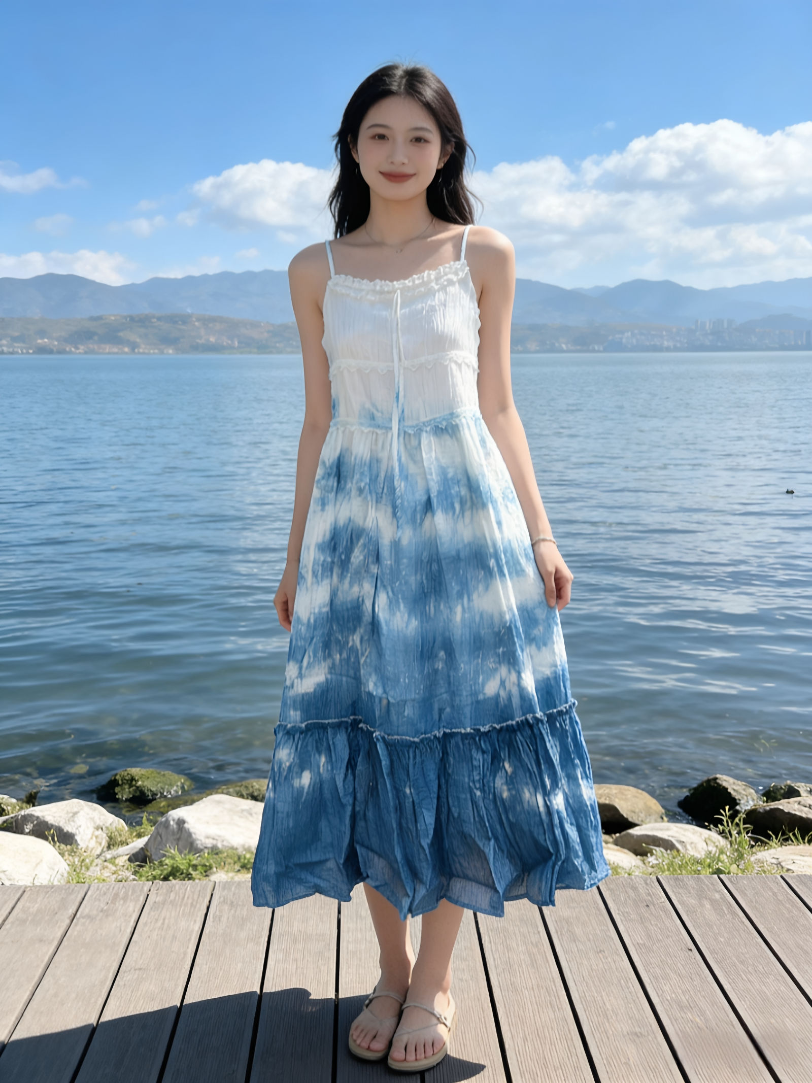 扎染吊带连衣裙女2026夏季新款松紧收腰显瘦吊带长裙海边沙滩裙子