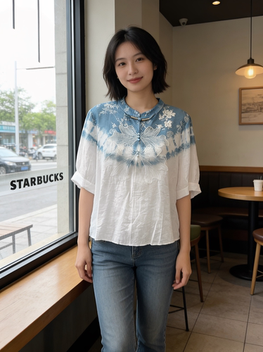 云南扎染棉麻上衣女中袖夏季2026新款民族风百搭绣花中式女装衬衫