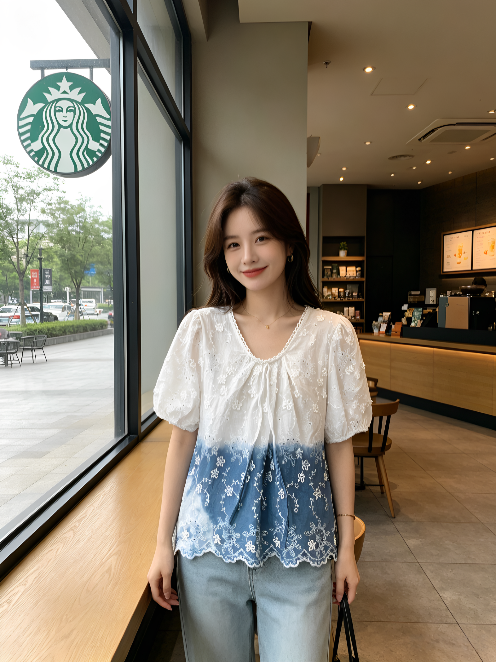 韩系温柔风渐变扎染衬衫女夏季刺绣棉麻短袖上衣V领宽松显瘦小衫