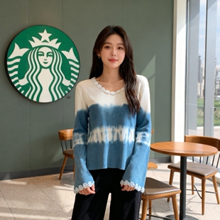 扎染圆领针织打底衫女春秋修身内搭外穿毛衣显瘦气质百搭针织衫女